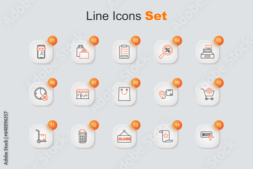 Set line Buy button, Paper check and financial check, Hanging sign with text Closed, POS terminal, Hand truck boxes, Add Shopping cart, Location cardboard and shopping bag icon. Vector