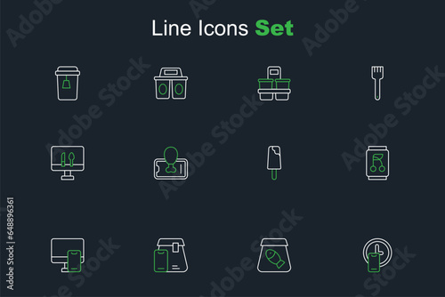 Set line Round the clock delivery, Online ordering fish, food, Soda can, Ice cream, Food on mobile and icon. Vector