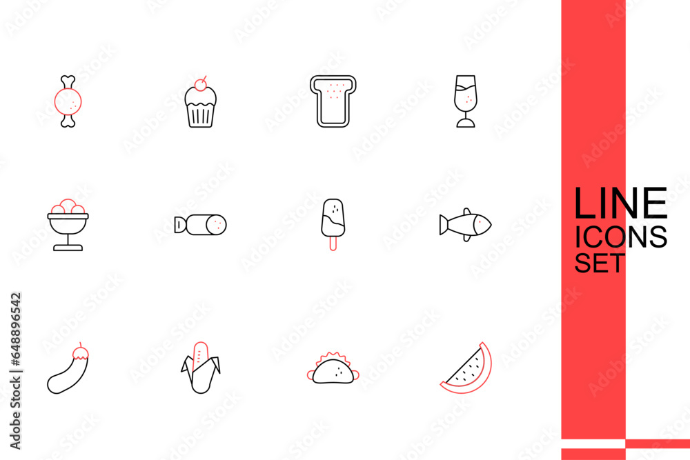 Fototapeta premium Set line Watermelon, Taco with tortilla, Corn, Eggplant, Fish, Ice cream, Salami sausage and in the bowl icon. Vector
