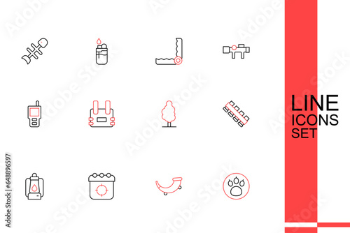 Set line Paw search, Hunting horn, Target sport, Camping lantern, cartridge belt, Tree, Bulletproof vest and Walkie talkie icon. Vector