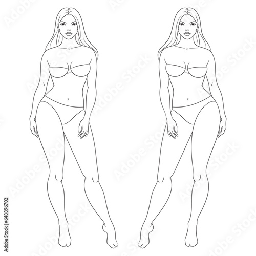 Plus size female fashion figure posing, vector template. Curvy woman body vector line illustration. Curvy fashion model croqui.