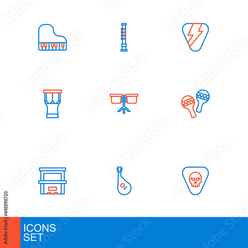 Set line Guitar pick, Bandura, Piano, Maracas, African percussion drum, Bongo, and Flute icon. Vector