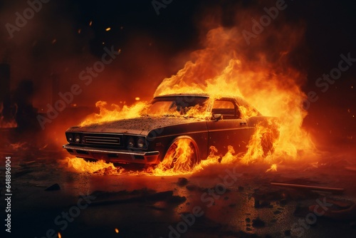 Burning Old School Car in the Night. Car fire. Car explosion. Burning vehicle on the road. Disaster, apocalypse, and damage.