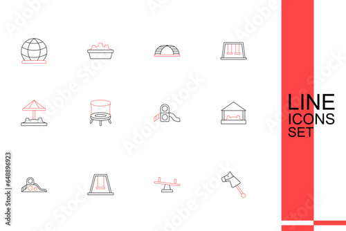 Set line Toy horse, Seesaw, Swing for kids, Slide playground, Sandbox with sand, Jumping trampoline and icon. Vector