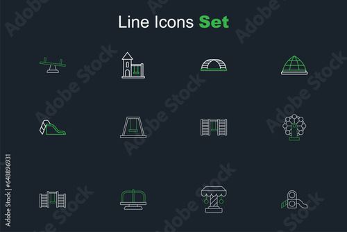 Set line Slide playground, Attraction carousel, Swedish wall, Swing for kids, and icon. Vector