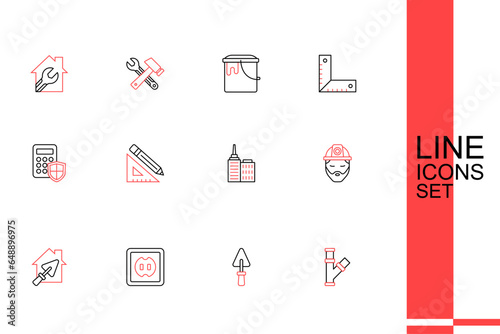 Set line Industry metallic pipe, Trowel, Electrical outlet, House with trowel, Builder, City landscape, Triangular ruler pencil and Security keypad access panel icon. Vector