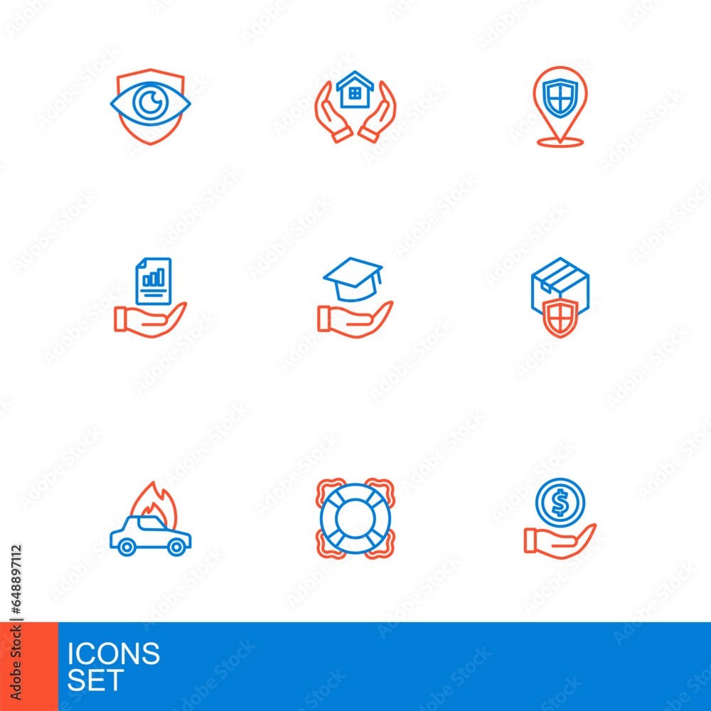 Set line Money with shield, Lifebuoy, Burning car, Delivery security, Contract hand, Education grant, Location and House icon. Vector