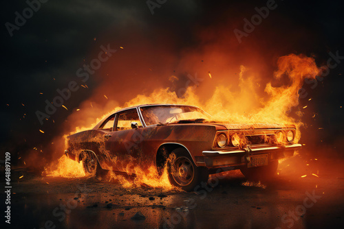 Burning Old School Car in the Night. Car fire. Car explosion. Burning vehicle on the road. Disaster  apocalypse  and damage.
