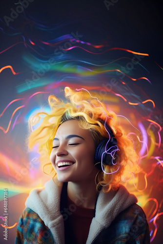  Smiling little girl listening to music with headphones on colorful cyber punk background