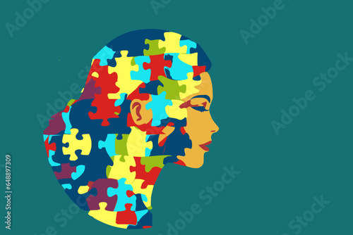 woman with a puzzle brain. Concept for neurodiversity, Disability Pride Month, world brain day, mental health and brain neurological health	

