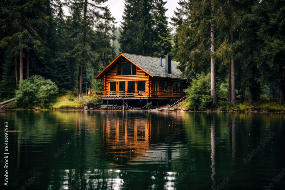 Wooden house on the shore of a lake in the forest.