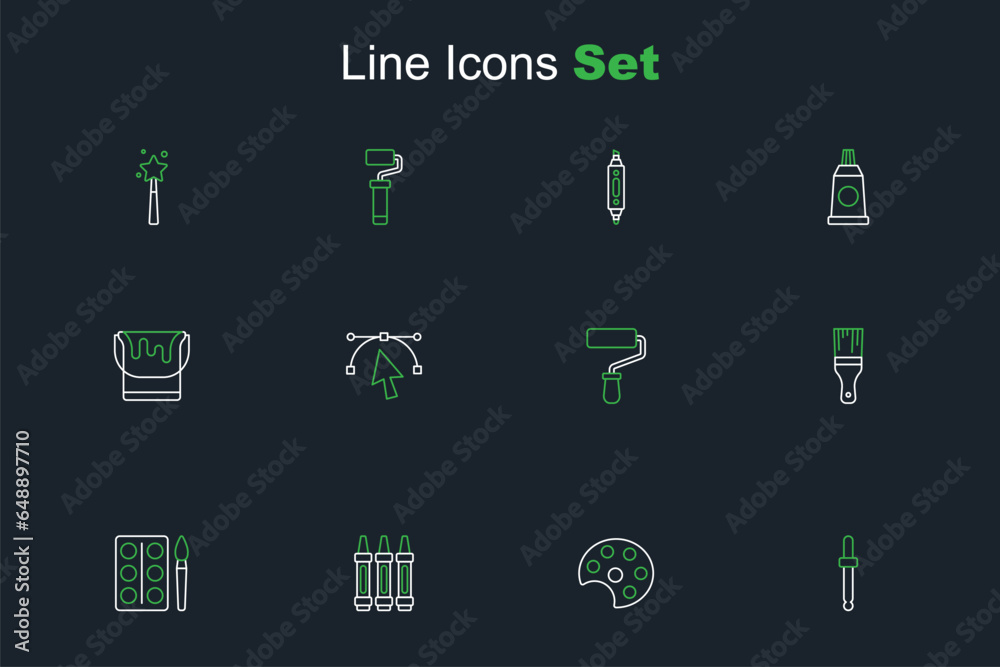 Set line Eyedropper color picker palette, Palette, Wax crayons for drawing, Watercolor paints box, Paint brush, roller, Bezier curve and bucket icon. Vector Set line Eyedropper color picker palette, Palette, Wax crayons for drawing, Watercolor paints box, Paint brush, roller, Bezier curve and bucket icon. Vector