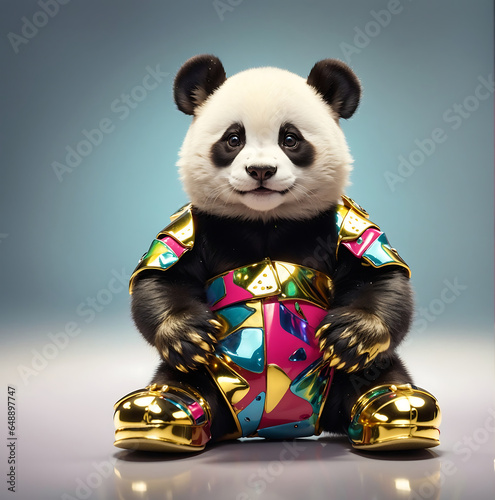 Sitting panda in colorful clothes. Generative Ai