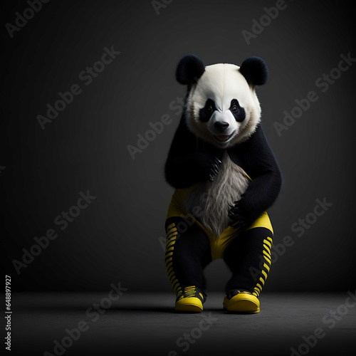 panda with yellow shoes on black background © okan
