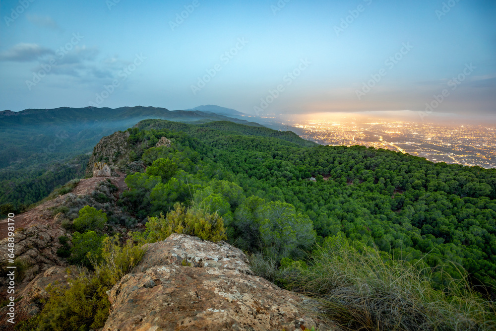 Panoramic view of El Valle Natural Park, Murcia, Spain, at dawn from the rocky Cresta del Gallo