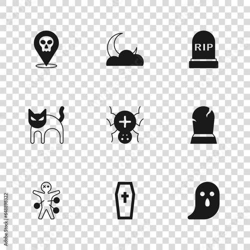 Set Coffin with christian cross, Tombstone RIP written, Ghost, Spider, Skull, Moon and stars and Black cat icon. Vector