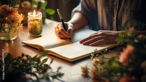 Focused woman, pen in hand, crafting her story in a notepad