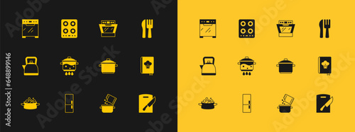 Set Crossed knife and fork, Refrigerator, Cooking pot, spice, on fire, Oven, and Gas stove icon. Vector