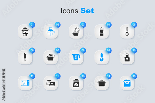 Set Cooking pot, Kitchen extractor fan, Microwave oven, Slow cooker, apron, fire and Measuring cup icon. Vector