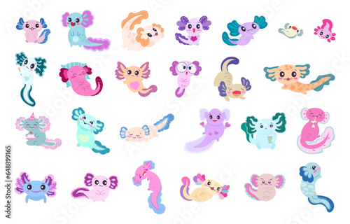 Cute cartoon axolotl character. Funny underwater aquatic animal. Happy and cheerful emotions. Vector drawing. Collection of design elements.