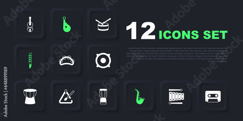 Set Xylophone, Retro audio cassette tape, Tambourine, Saxophone, Flute, Triangle musical instrument, Bandura and African djembe drum icon. Vector