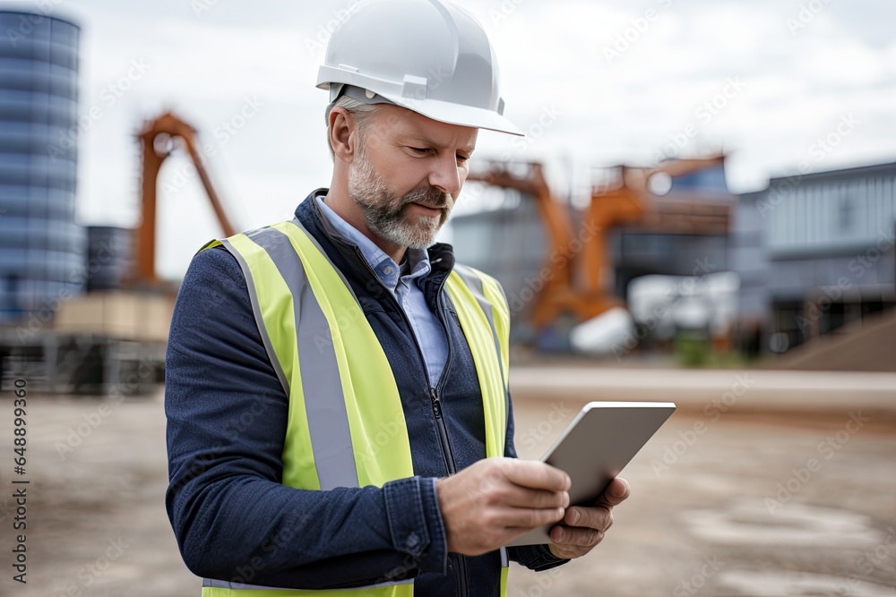 Outdoor photo of a Caucasian bearded engineer foreman on construction site with tablet computer. Outdoor photo of a Caucasian bearded engineer foreman on construction site with tablet computer.