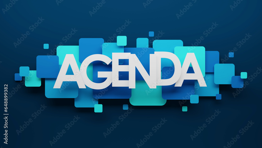 3D render of AGENDA typography with blue and turquoise squares on dark blue background - obrazy, fototapety, plakaty 
