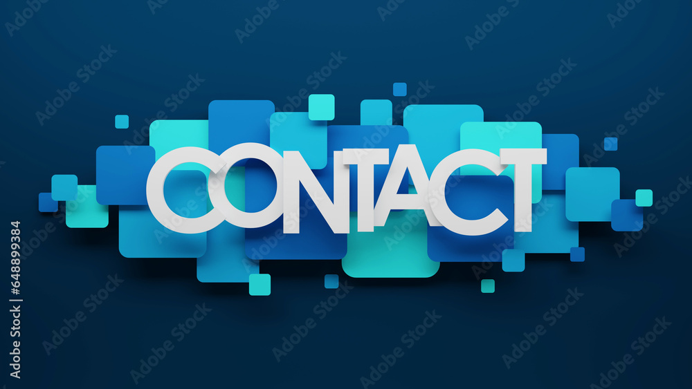 3D render of CONTACT typography with blue and turquoise squares on dark blue background