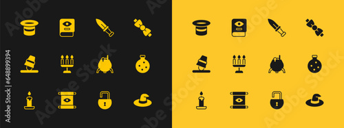 Set Bow tie, Magic scroll, Witch cauldron, Open padlock, Candlestick, Dagger, hat and Ancient magic book icon. Vector