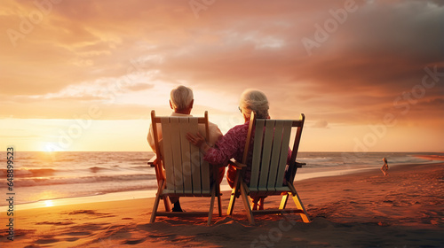  hug and senior couple on beach chair for bonding
