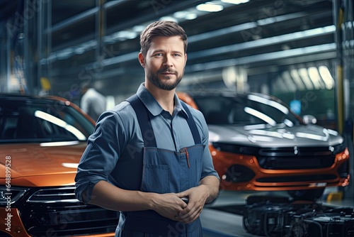 Middle aged Caucasian man works in a car production line. He standing on the background of a car factory conveyor and looking at camera.