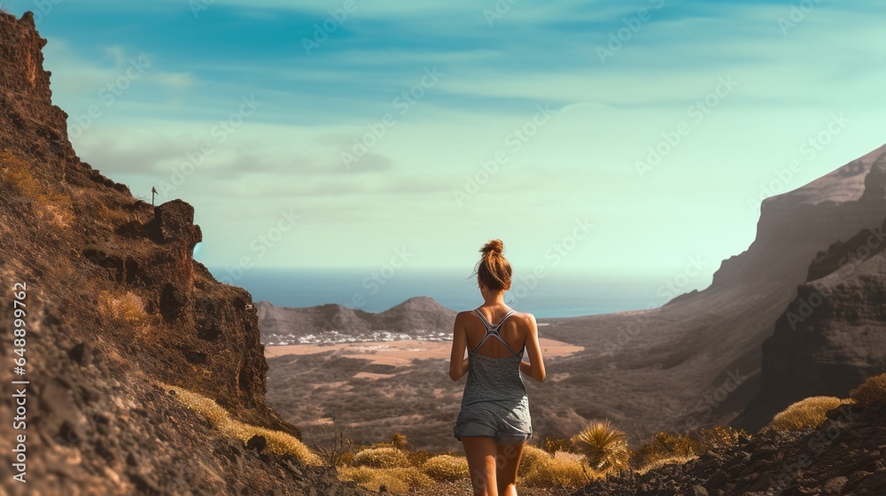 Obraz premium woman turning back fitness in photo of the landscape of the canary islands.