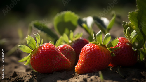 group of bright red strawberries ripening in the sun one generative AI photo