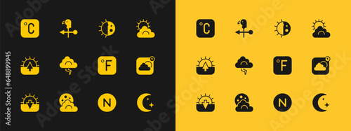 Set Sun and cloud weather, Cloud with moon, Fahrenheit, Compass north, lightning, Day night cycle, Celsius and Rooster vane icon. Vector