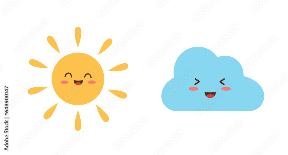 Weather icons in Kawaii style. Sun and Cloud. Vector illustration in flat style.	
