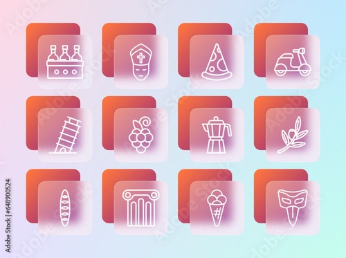 Set line Scooter, Ancient column, Coffee maker moca pot, Ice cream in waffle, Grape fruit, Slice pizza, Bottles wine and Pope icon. Vector