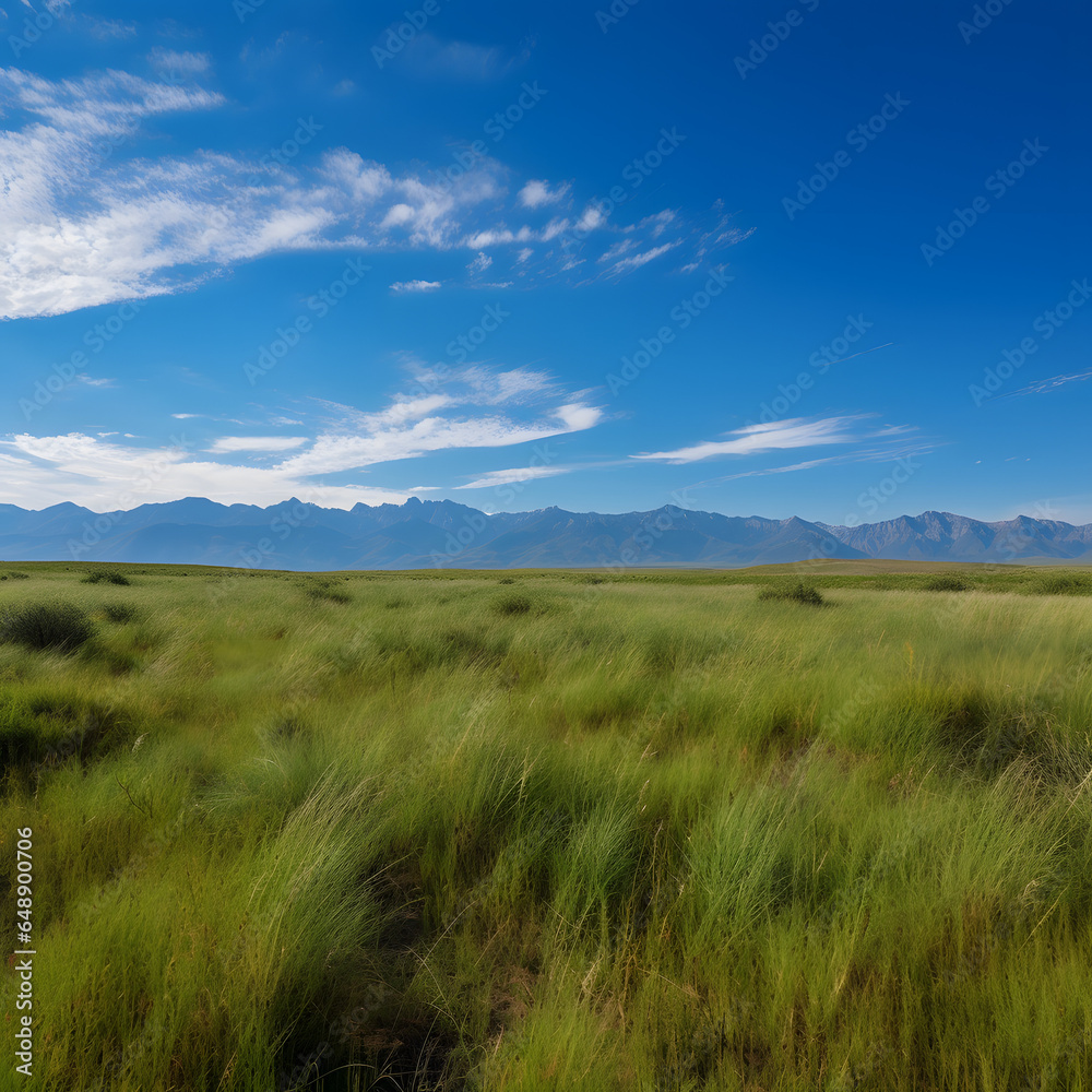 grassy field with distant mountains and a blue sky one generative AI