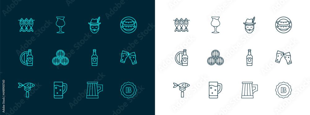 Set line Sausage, Glass of beer, Beer bottle, Wooden mug, barrel, Oktoberfest man, Dried fish and icon. Vector Set line Sausage, Glass of beer, Beer bottle, Wooden mug, barrel, Oktoberfest man, Dried fish and icon. Vector