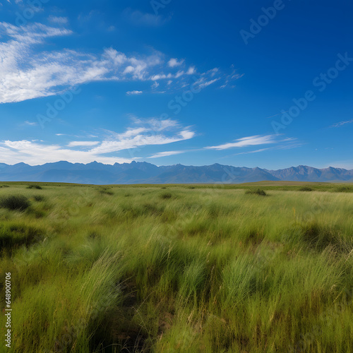 grassy field with distant mountains and a blue sky one generative AI