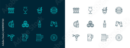 Set line Sausage, Glass of beer, Beer bottle, Wooden mug, barrel, Oktoberfest man, Dried fish and icon. Vector