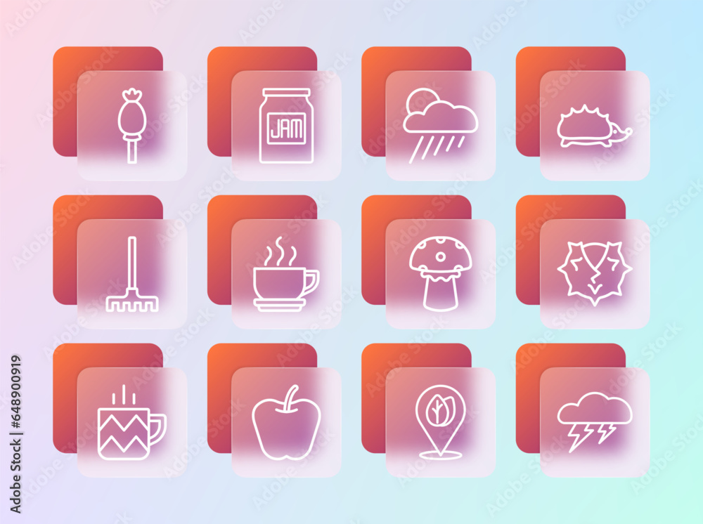 Set line Hedgehog, Apple, Mushroom, Location with leaf, Coffee cup, Cloud rain and sun, Opium poppy and Jam jar icon. Vector
