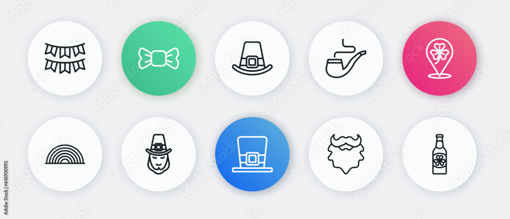Set line Leprechaun hat, Clover trefoil leaf, Rainbow, Mustache and beard, Smoking pipe, Beer bottle with clover and icon. Vector