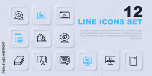 Set line Online play video, Book, Question and Answer, quiz, test, survey, Audio book, and Certificate template icon. Vector
