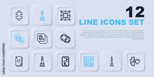 Set line Dart arrow, Puzzle pieces toy, Bingo, card, Chess, and Air hockey table icon. Vector