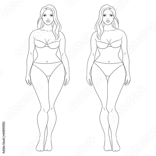 Plus size female fashion figure posing, vector template. Curvy woman body vector line illustration. Curvy fashion model croqui.