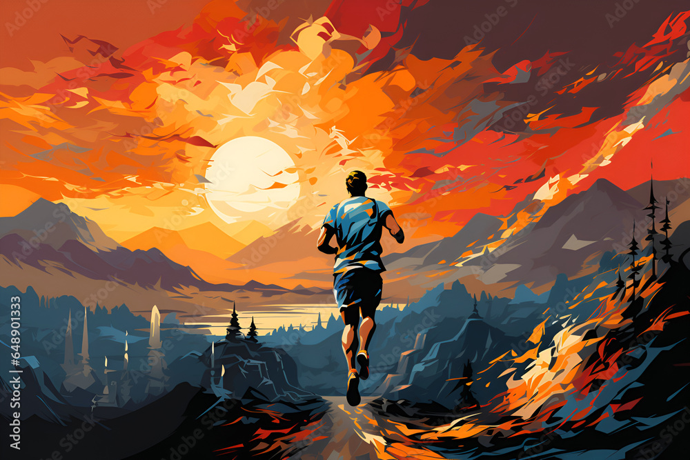Fototapeta premium male athlete runs along the road towards sunrise against a bright sky background