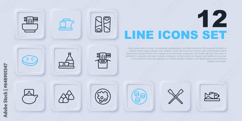 Set line Food chopsticks, Served fish on a plate, Bottle of sake, Sushi, Homemade pie, Zongzi in bamboo steamer, Traditional ceremony and Rice bowl icon. Vector