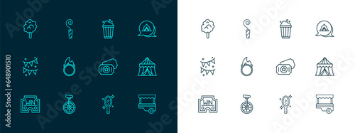 Set line Circus tent, Unicycle, ticket, Magic hand mirror, fire hoop, Popcorn in cardboard box, Cotton candy and Birthday party horn icon. Vector