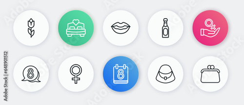 Set line Calendar with 8 March, Female gender symbol, in speech bubble, Handbag, Champagne bottle, Smiling lips, and icon. Vector