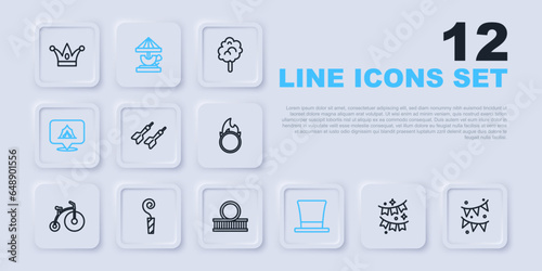 Set line Carnival garland with flags, Dart arrow, Cylinder hat, Circus tent, Birthday party horn, Attraction carousel and Roller coaster icon. Vector